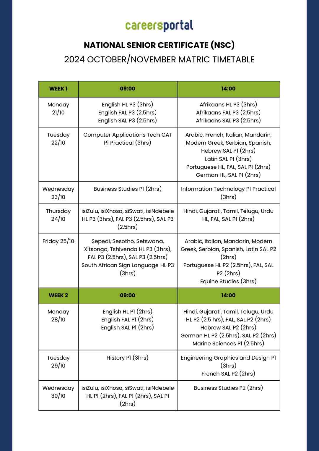 Matric Final Exam Timetable 2024