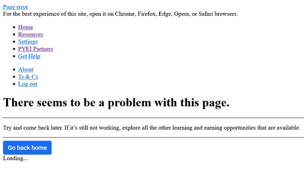 SAYouth Mobi error screen
