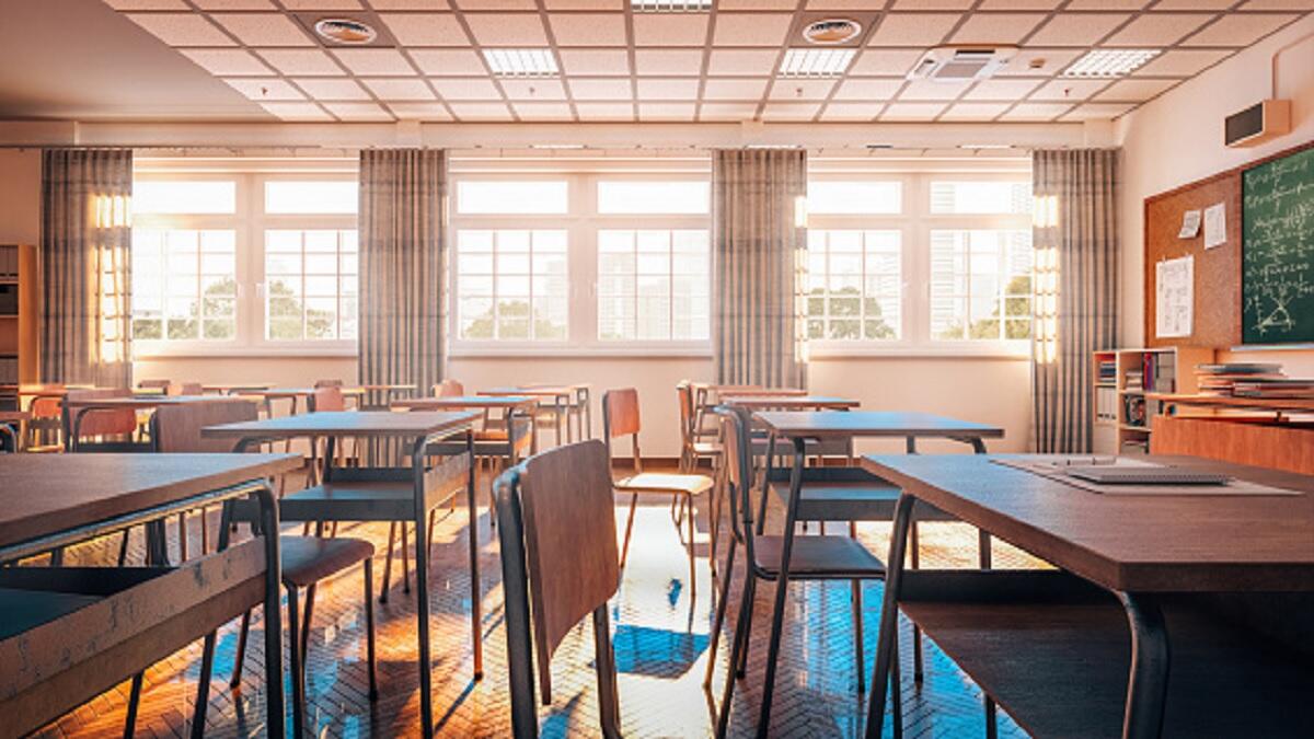 An empty school classroom.