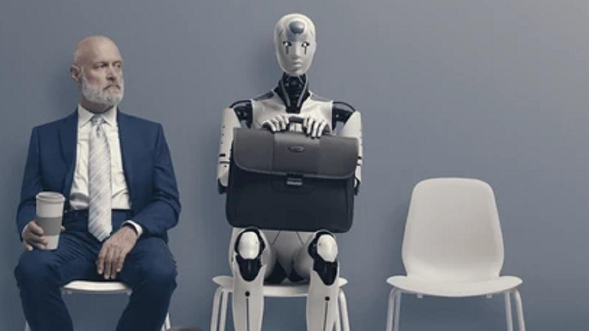 Graphic of a human employee and an AI in a job interview waiting room