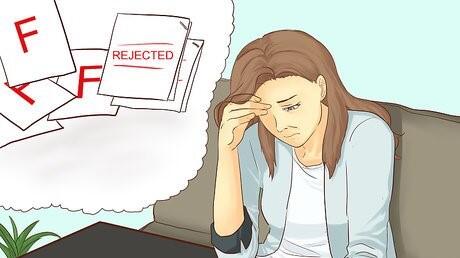 A cartoon of a stressed woman with a bubble in the corner showing her thoughts and how she is worried about failing tests
