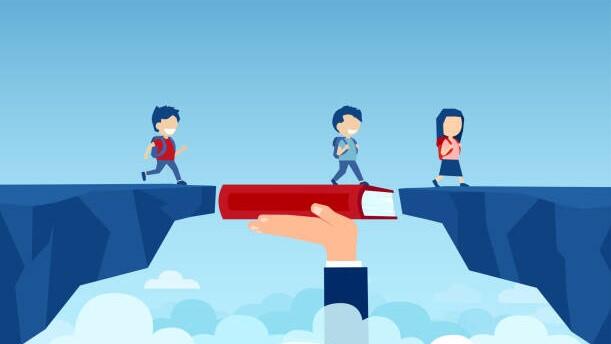 cartoon of students crossing a bridge with a gap in it that has been filled with a book