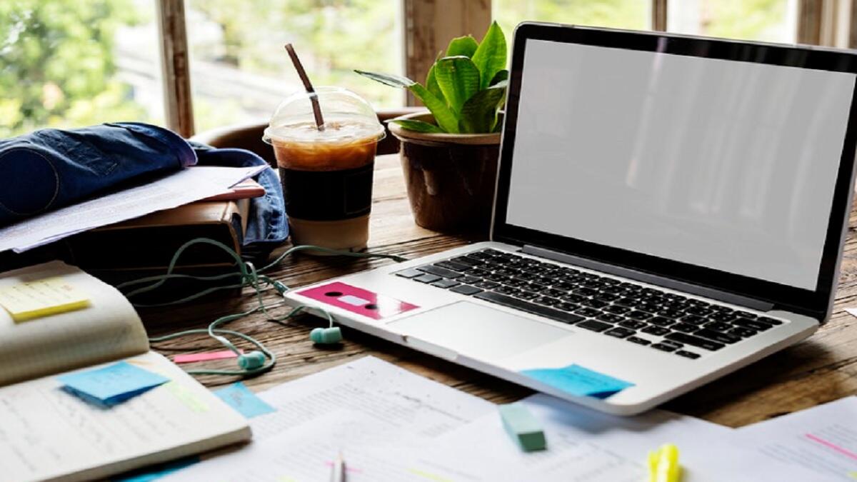 studying on laptop and books