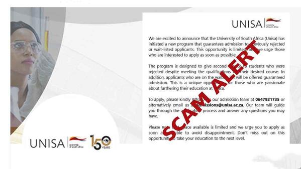 Unisa scam alert